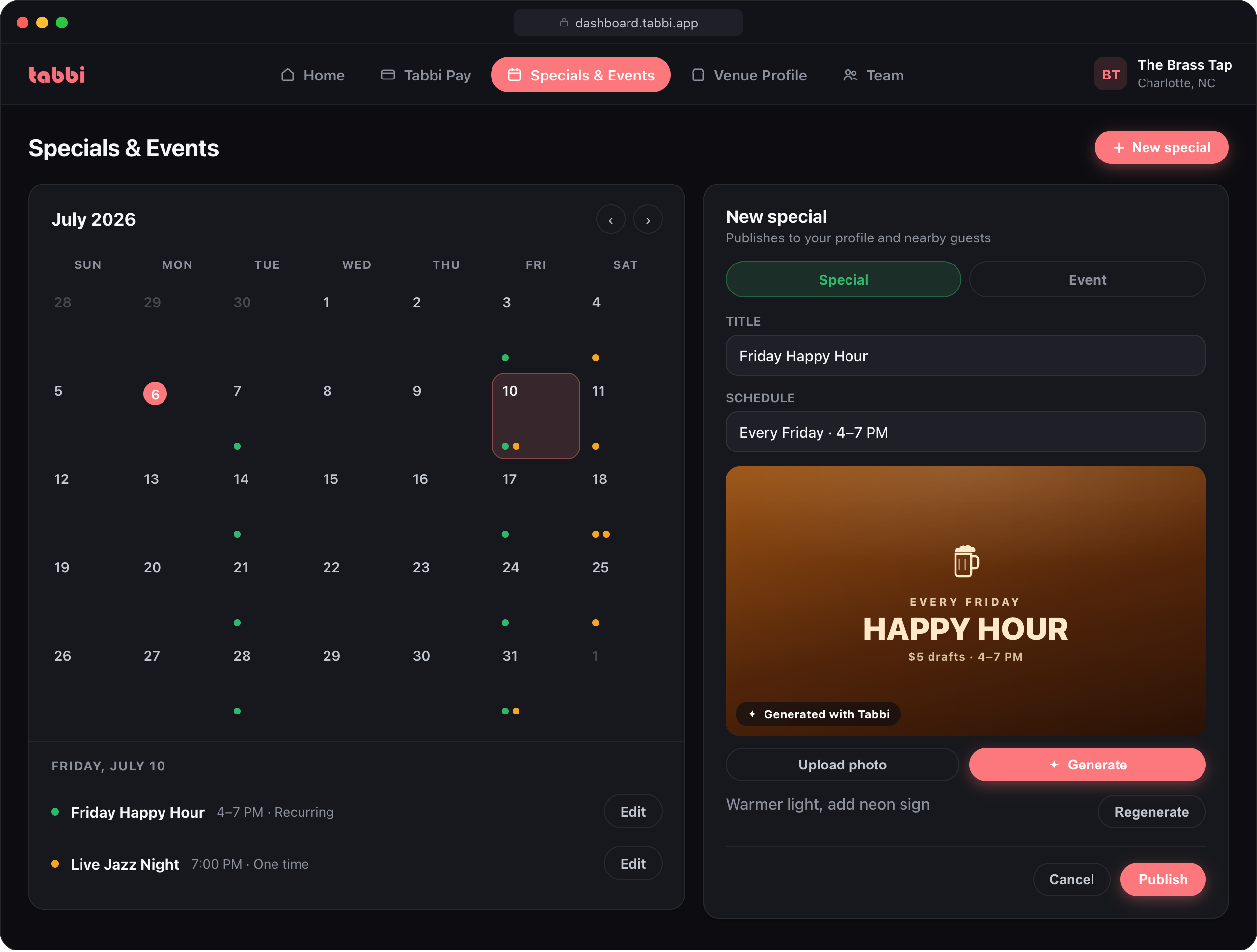 The specials and events calendar in the Tabbi dashboard with a new special being created