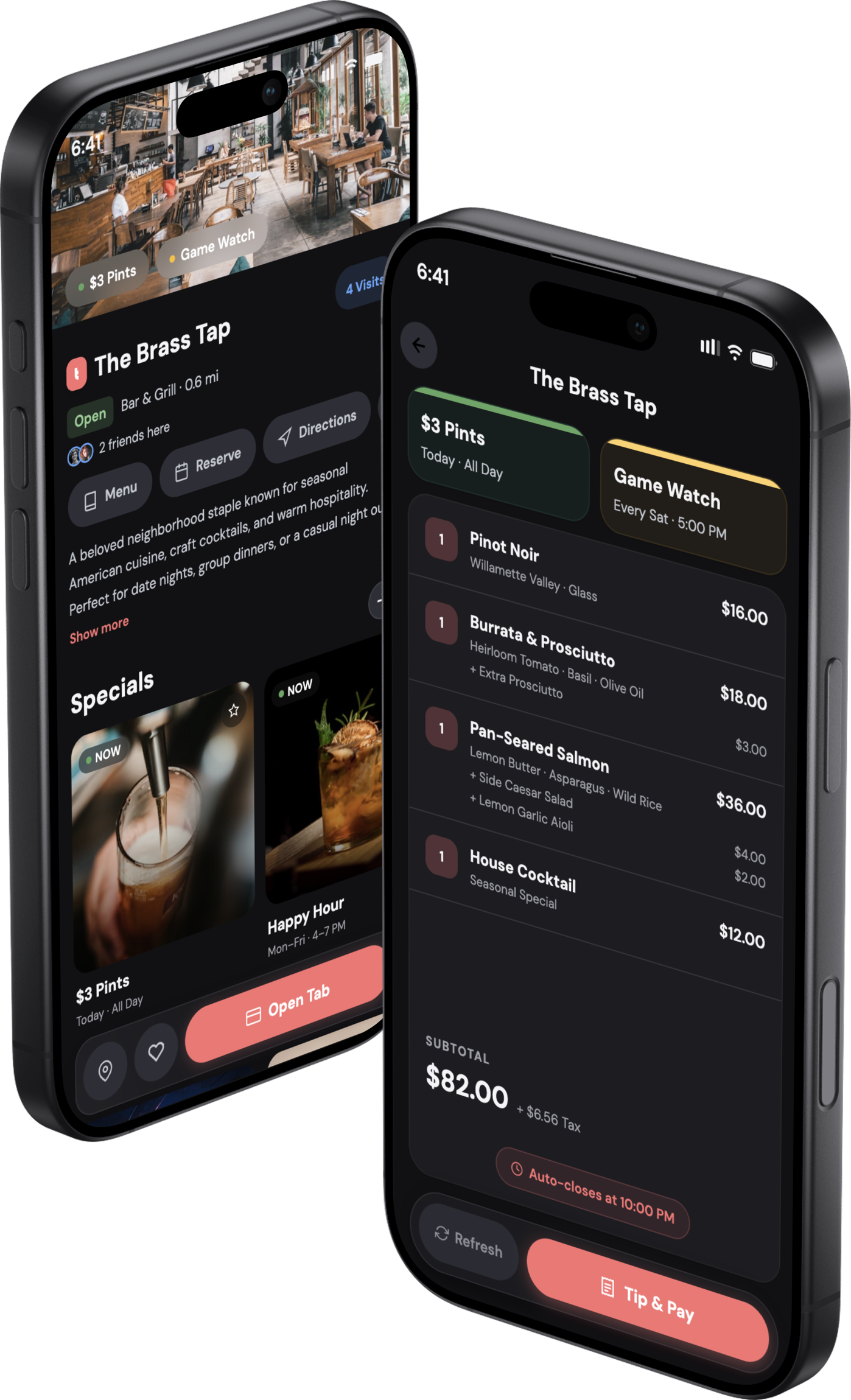 A venue page and a live tab in the Tabbi app